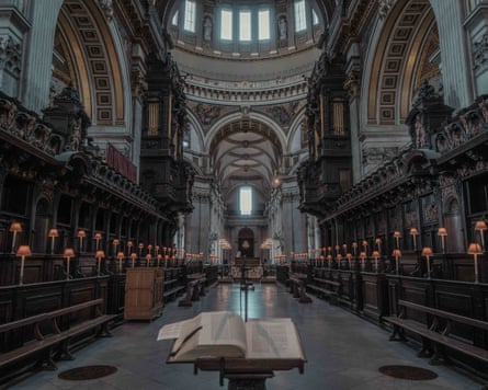 The interior of the Quire at St Paul’s Cathedral, with the carved choir stalls beneath the cathedral’s dome.