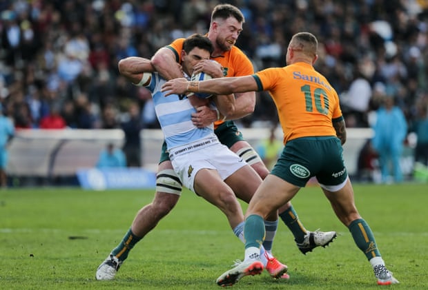 Santiago Carreras of Argentina is tackled by Jed Holloway at Estadio Malvinas Argentinas.