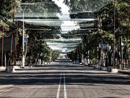 A tree-lined street with nets stretched across it.
