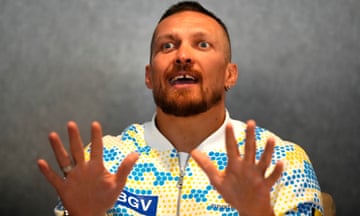 Oleksandr Usyk talks during a media day in Riyadh before his fight with Tyson Fury.