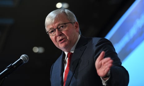 Former Australian prime minister Kevin Rudd is seen addressing attendees during CEDA’s 2020 Economic and Political Overview (EPO) in Sydney