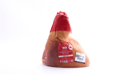 A packaged leg of ham on a white background
