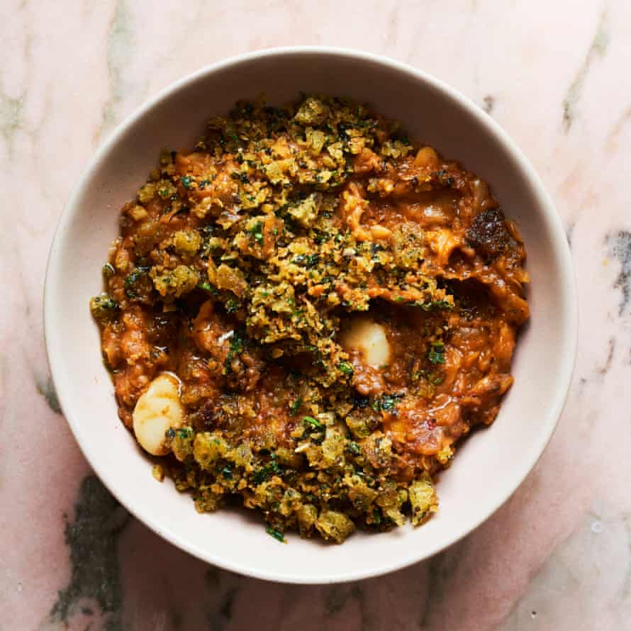 Ravinder Bhogal's Butter Beans with Harissa, Pickled Lemon and Gremolata Breadcrumbs.