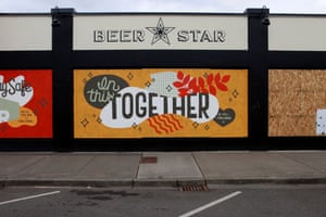 “In This Together” mural by Sarah Robbins at Beer Star in the White Center neighborhood. Robbins says, “I got involved because (like many other artists) I just wanted to bring some positive vibes to my neighborhood. These are scary and unprecedented times and it’s easy to focus on the negative, especially when you’re confronted with it seeing your favorite spots boarded up one by one. It was an easy decision to make these empty, apocalyptic boards into bright murals with positive messaging for the community, and it was the least I could do to help my fellow neighbors stay sane and hopeful.”