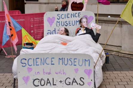 Activists protest opposite the Science Museum in 2021 against sponsorship by fossil fuel corporations.