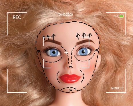 A Barbie doll being filed with plastic surgery marks on its face