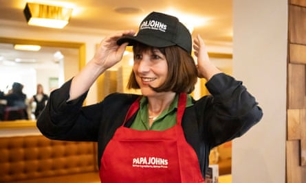 Rachel Reeves in a Papa Johns uniform during a visit to Haven Primrose Valley Holiday Park, Filey, North Yorkshire, 25 July 2023.