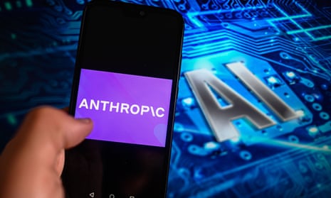 illustration showing Anthropic logo with white lettering on purple background displayed on a black smartphone, with blue-tinted imagery of a circuit board and the letters AI in the background