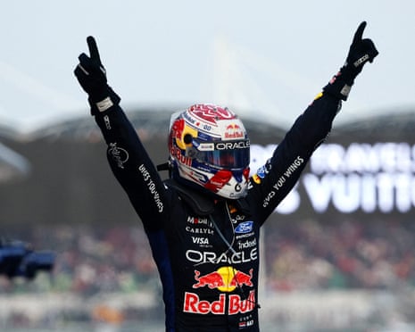 Red Bull's Max Verstappen celebrates after winning the Bahrain Grand Prix in Malaysia.