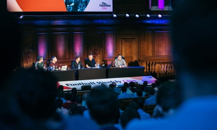 L-R: Jonathan Fisher, Max Rushden, Jonathan Wilson, Barney Roney, Barry Glendenning during Football Weekly Live at the Emmanuel Centre, London.