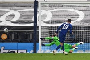 Mason Mount of Chelsea misses his team’s fifth penalty in a penalty shoot out.