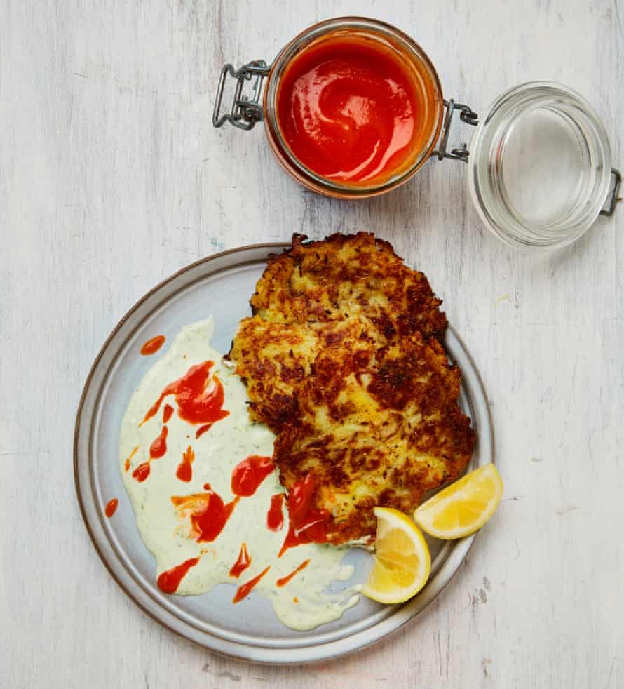 Yotam Ottolenghi’s apple hot sauce with potato cakes and soured cream.
