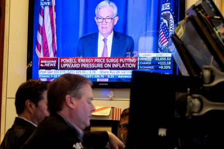 Federal Reserve chair Jerome Powell on a screen at the New York Stock Exchange.