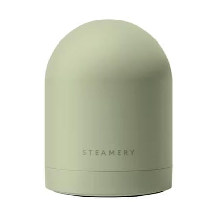 A sage coloured fabric shaver. With the branded word Steamery across the bottom. It is on a white background.
