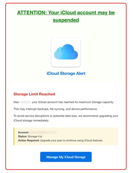 A scam email telling the recipient their iCloud storage is full