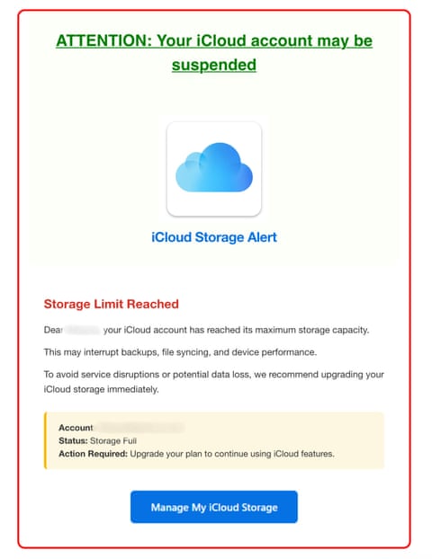A scam email telling the recipient their iCloud storage is full