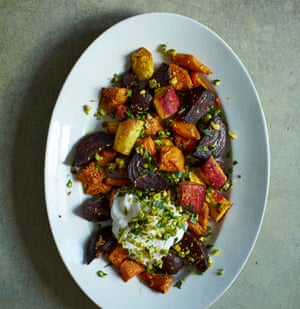 Nik Sharma’s roast root veg with pistachio gremolata and yoghurt.