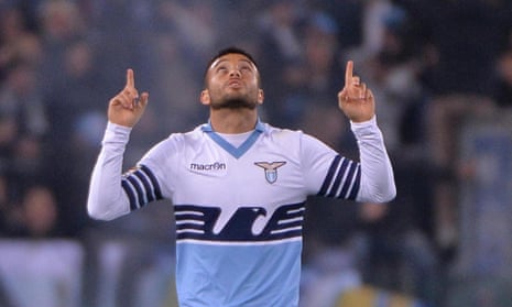 Lazio’s Felipe Anderson celebrates after scoring his side’s first goal in their Serie A match against Verona.