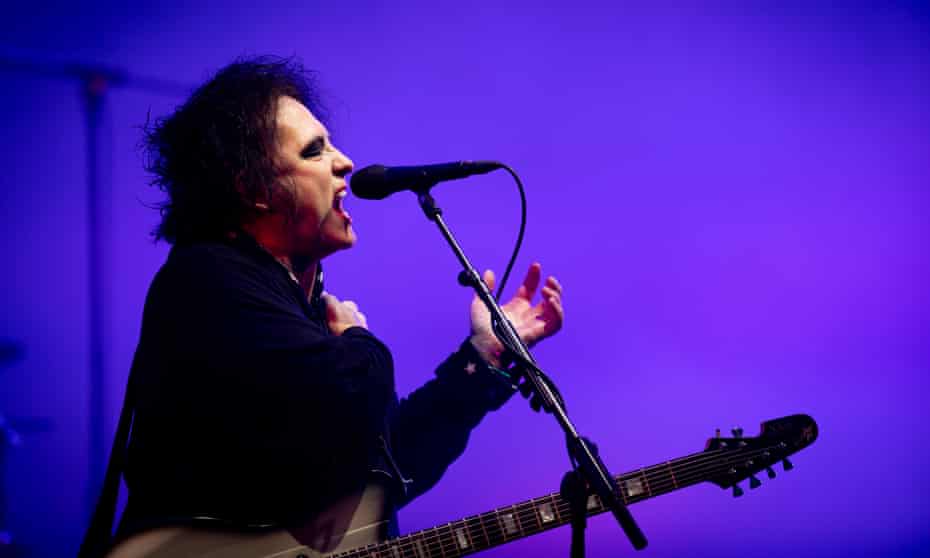 Robert Smith of the Cure, playing on the Pyramid Stage at Glastonbury 2019.