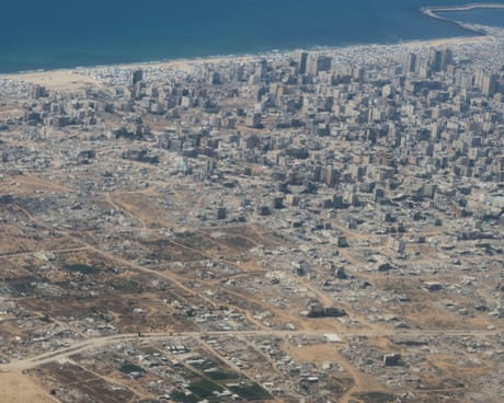 An aerial photograph, taken on 28 July 2025, shows damaged buildings in Gaza.