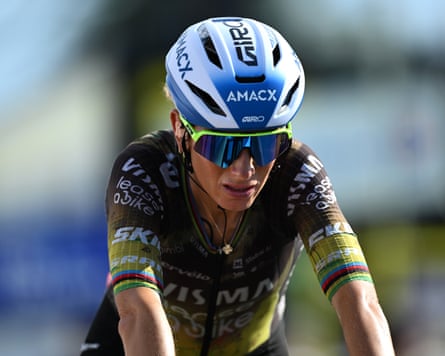 Pauline Ferrand-Prévot looks dejected as she crosses the finish line at the end of stage five.