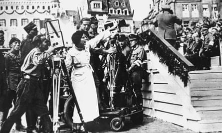 Leni Riefenstahl directs her crew filming of Triumph of the Will at Nuremberg in 1934.
