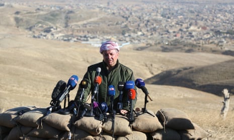 President of KRG Masoud Barzani holds a press conference at Sinjar town on November 13, 2015.
