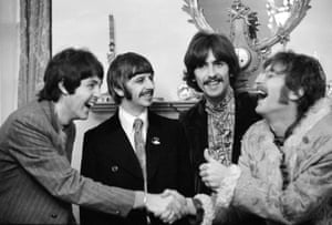 The Beatles at Brian Epstein’s home in Belgravia, London at the launch of Sgt. Pepper’s Lonely Hearts Club Band in 1967.