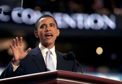 Barack Obama speaks to the crowd at the Democratic  Convention at the Fleet Center in Boston, 27 July 2004.