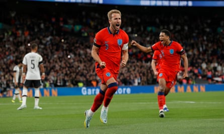 Harry Kane celebrates scoring for England to make it 3-2 in a wild second half.