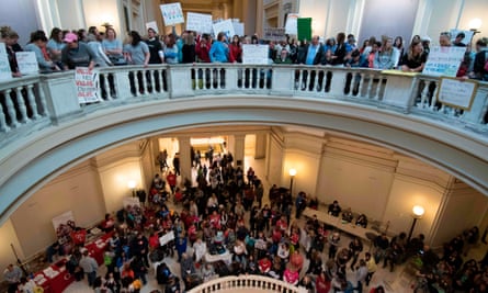 Thousands of teachers and supporters rally at the Oklahoma state capitol.