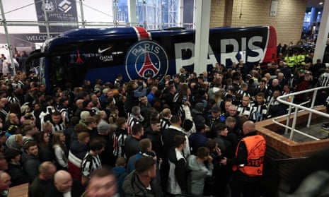 The Paris Saint-Germain team coach arrives at St James' Park ahead of the Champions League group game between Newcastle United and Paris Saint-Germain.