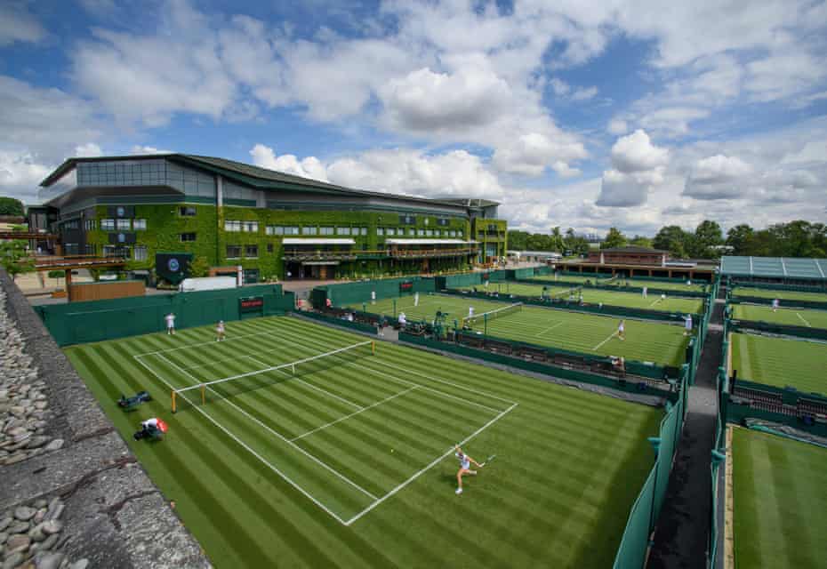 View across the southern outside courts towards the Centre Court as players practice on Friday ahead of The Championships.