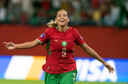 Ibtissam Jraidi of Morocco celebrates after scoring one of her two goals during the hosts’ 4-0 win in their opening match against Kenya.
