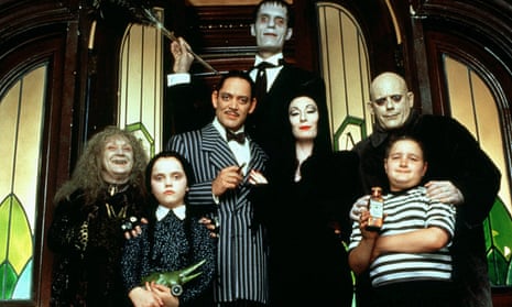 Wig, fake nails, eyelashes, corset … The Addams Family with Christina Ricci (second left) as Wednesday and Anjelica Huston (centre right) as Morticia. 