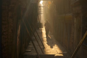 Metal or wooden poles prop up building in Kathmandu, Nepal