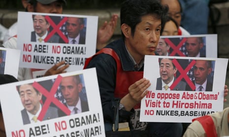 Protesters stage a rally against the visit by U.S. President Barack Obama, near Hiroshima Peace Memorial Museum in Hiroshima
