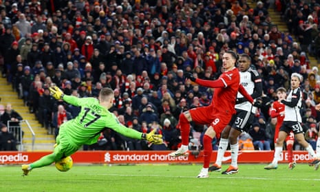 Fulham's Bernd Leno saves from Liverpool's Darwin Nunez.