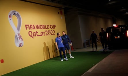 Gareth Southgate and Harry Kane pose for the solitary Fifa photographer on the Green Carpet, Fifa’s attempt at a film premiere’s red carpet.