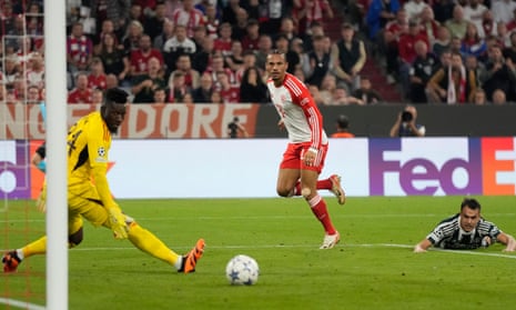 Bayern Munich 4-3 Manchester United: Champions League – live reaction | Champions League 8 Bayern's Leroy Sane (centre) hits the post in the Champions League match between Bayern Munich and Manchester United at the Allianz Arena.