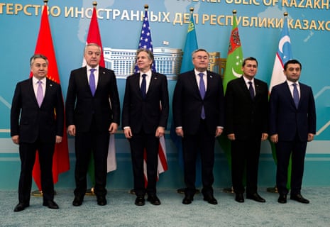The Kyrgyz foreign minister, Jeenbek Kulubaev; Tajikistan’s foreign minister, Sirojiddin Muhriddin; the US secretary of state, Antony Blinken; Kazakhstan’s foreign minister, Mukhtar Tleuberdi; Turkmenistan’s foreign minister, Raşit Meredow; and Uzbekistan’s foreign minister, Bakhtiyor Saidov, stand in front of the flags of their respective countries