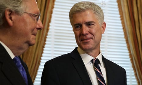 Judge Neil Gorsuch meets Mitch McConnell, the Senate majority leader. Gorsuch does not have a clear record as a gun rights supporter.