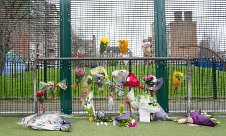 A floral tribute to knife victim Abdikarim Hassan on the Peckwater Estate in the London Borough of Camden.