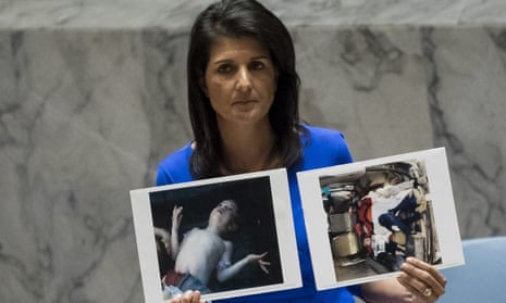 The US ambassador to the UN, Nikki Haley, holds up photographs of victims of a Syrian chemical attack in 2017.