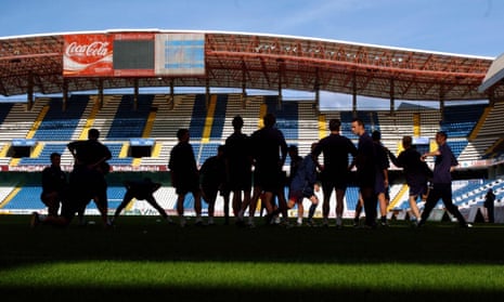 Players train on the pitch at Deportivo La Coruña.