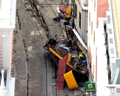 A drone view shows the site of the accident after Gloria funicular railway car, a popular tourist attraction, derailed and crashed, resulting in multiple casualties, according to authorities, in Lisbon, Portugal, 4 September 2025.