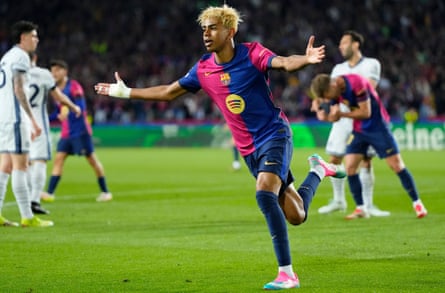 Lamine Yamal right winger of Barcelona and Spain celebrates after scoring his sides first goal during the UEFA Champions League 2024/25 Semi Final First Leg match between FC Barcelona and FC Internazionale Milano at Estadi Olimpic Lluis Companys on April 30, 2025 in Barcelona, Spain.