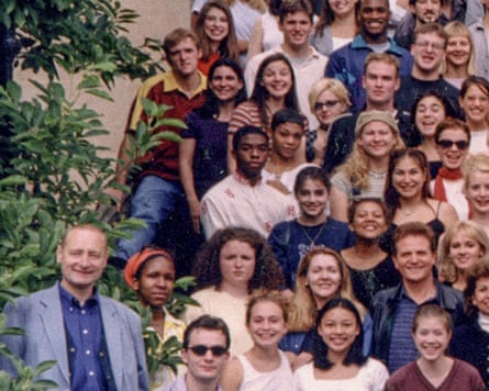 Chadwick Boseman, third row down, left in white shirt, in a British American Drama Academy group, 1998
