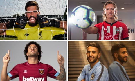 Clockwise from top left: Liverpool’s new goalkeeper Alisson, Southampton defender Jannik Vestergaard, Manchester City arrival Riyad Mahrez, and West Ham signing Felipe Anderson.