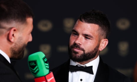 Adam Reynolds of the Rabbitohs is interviewed during the 2023 Dally M Awards at the Royal Randwick Racecourse in Sydney, Wednesday, September 27, 2023. (AAP Image/Mark Evans) NO ARCHIVING
